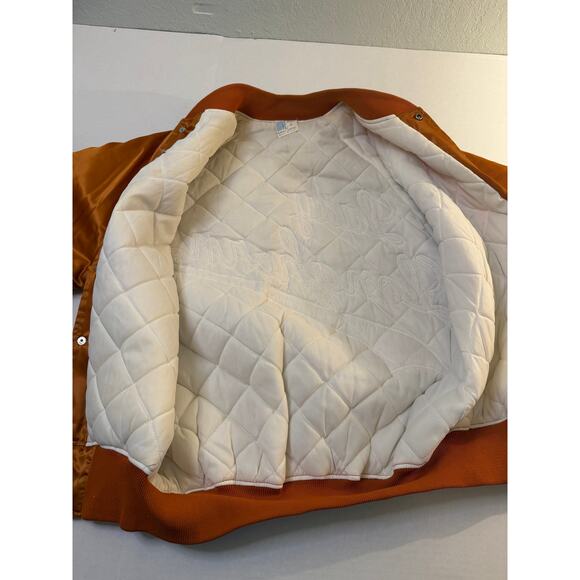 VTG Lady Longhorns Satin Bomber Jacket size Medium Burnt Orange Made in USA Howe - Picture 6 of 7